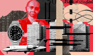 A composite graphic of Liam Kavanagh with a Rolex, a jet and Thurrock flats