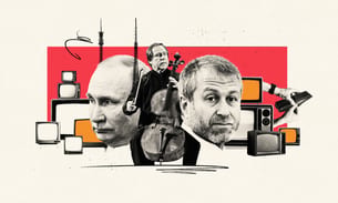 A collage image that shows the head of Putin and Abramovich either side of a man playing the cello, with old TV sets in the background