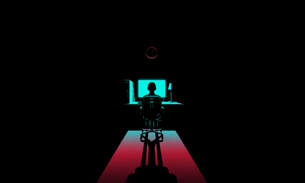 An illustration of a person sitting at a glowing blue screen that cast light that fades from blue to red. A clock is barely visible above them