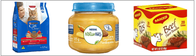 Food products sold by Nestle in Brazil. Pet food, baby food and stock cubes