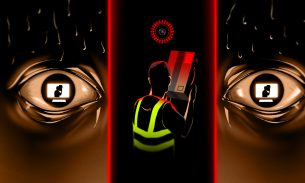 A three-panelled illustration of a warehouses worker under a camera, with two human eyes either side