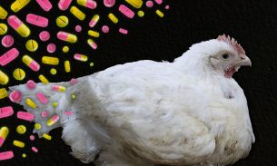 A chicken at a factory farm