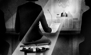 A black-and-white illustrated image of a person in a courtroom in front of a judge, holding a piece of paper saying "witness statement", and sitting on a suitcase full of cash